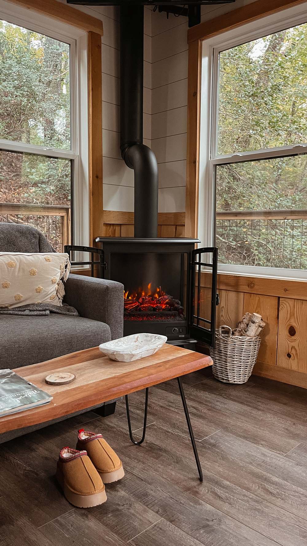A wood stove burning in a cabin living room with forest views